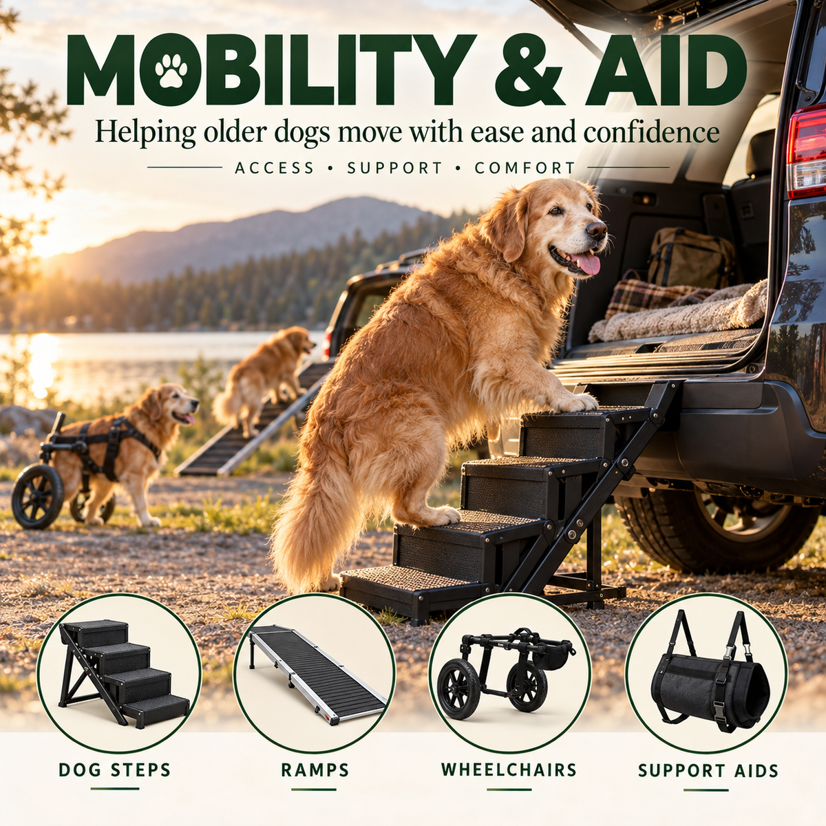 Mobility & Aid for older dogs including steps, ramps, wheelchairs and support aids