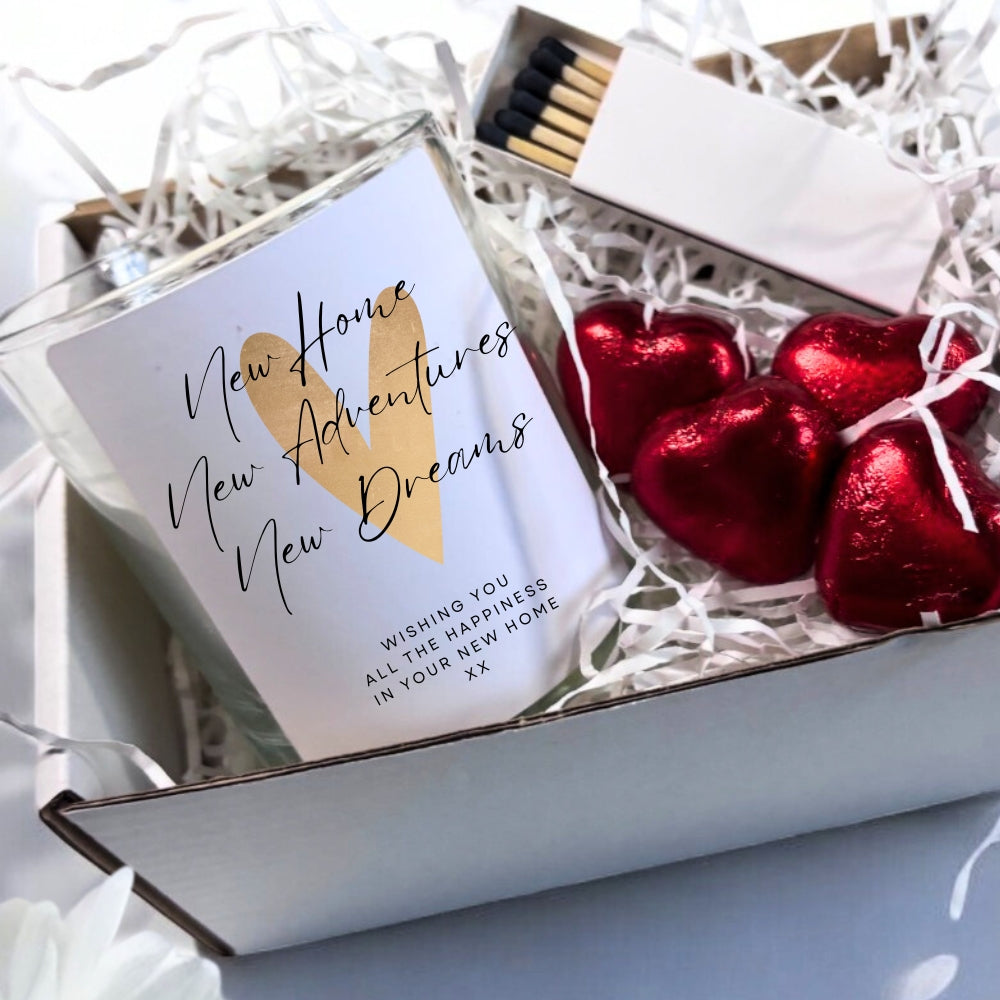 Personalised Gold Heart New Home Candle Gift Box