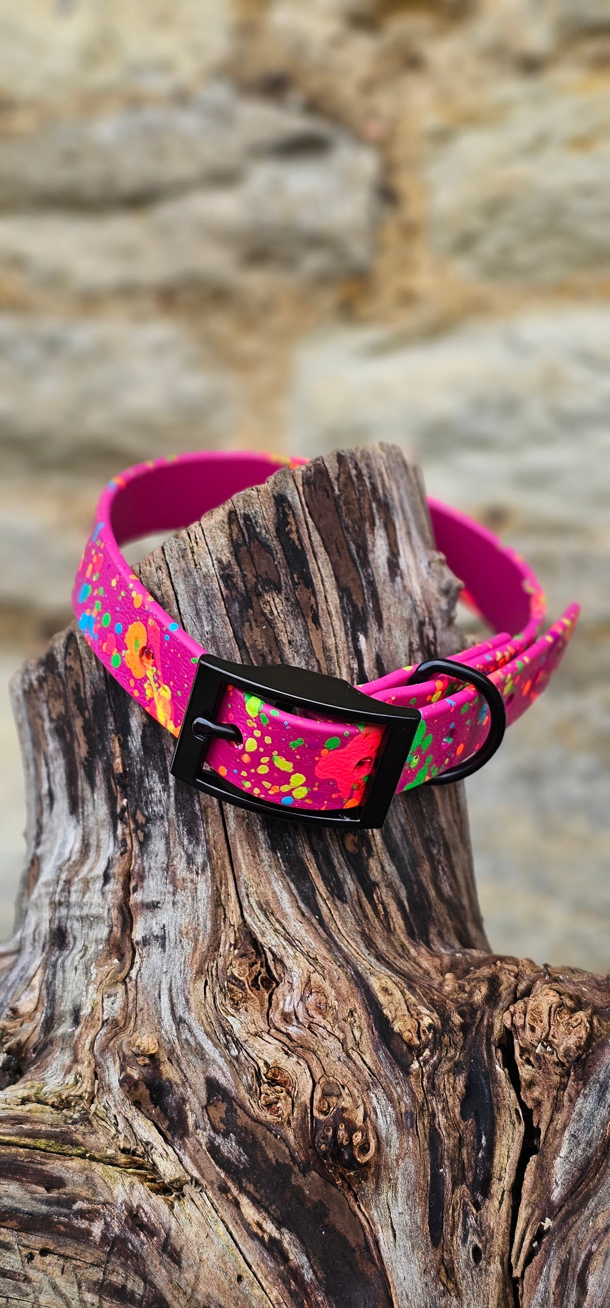 Waterproof BioThane© Neon Splatter Dog Collar - Magenta