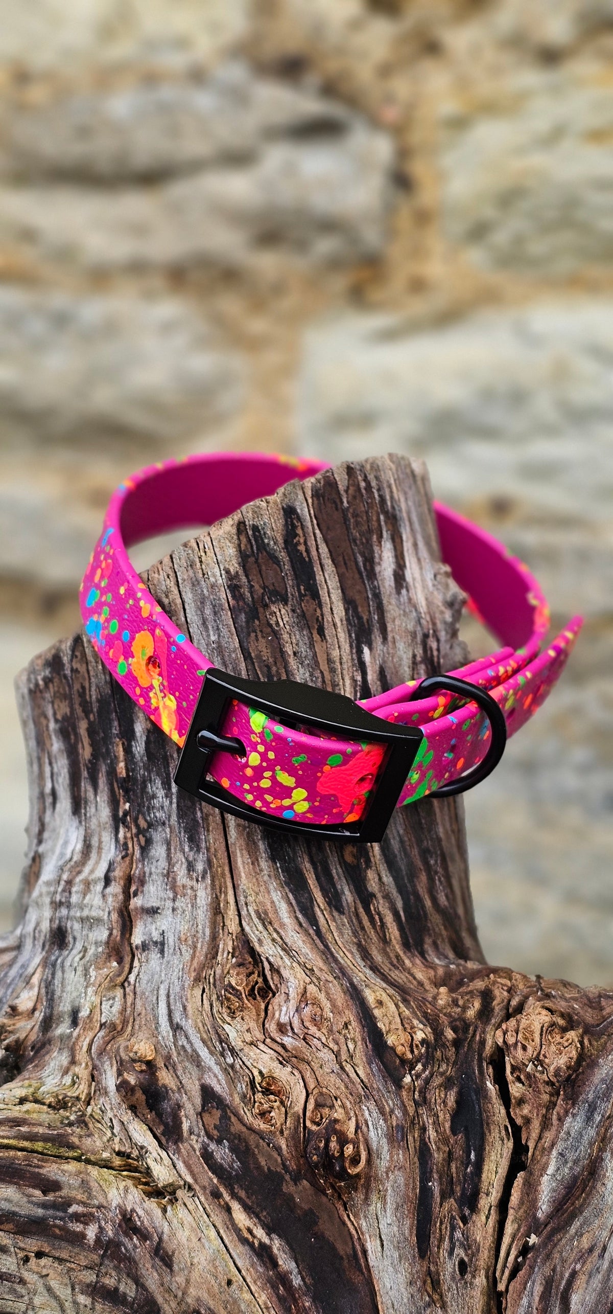 Waterproof BioThane© Neon Splatter Dog Collar - Magenta