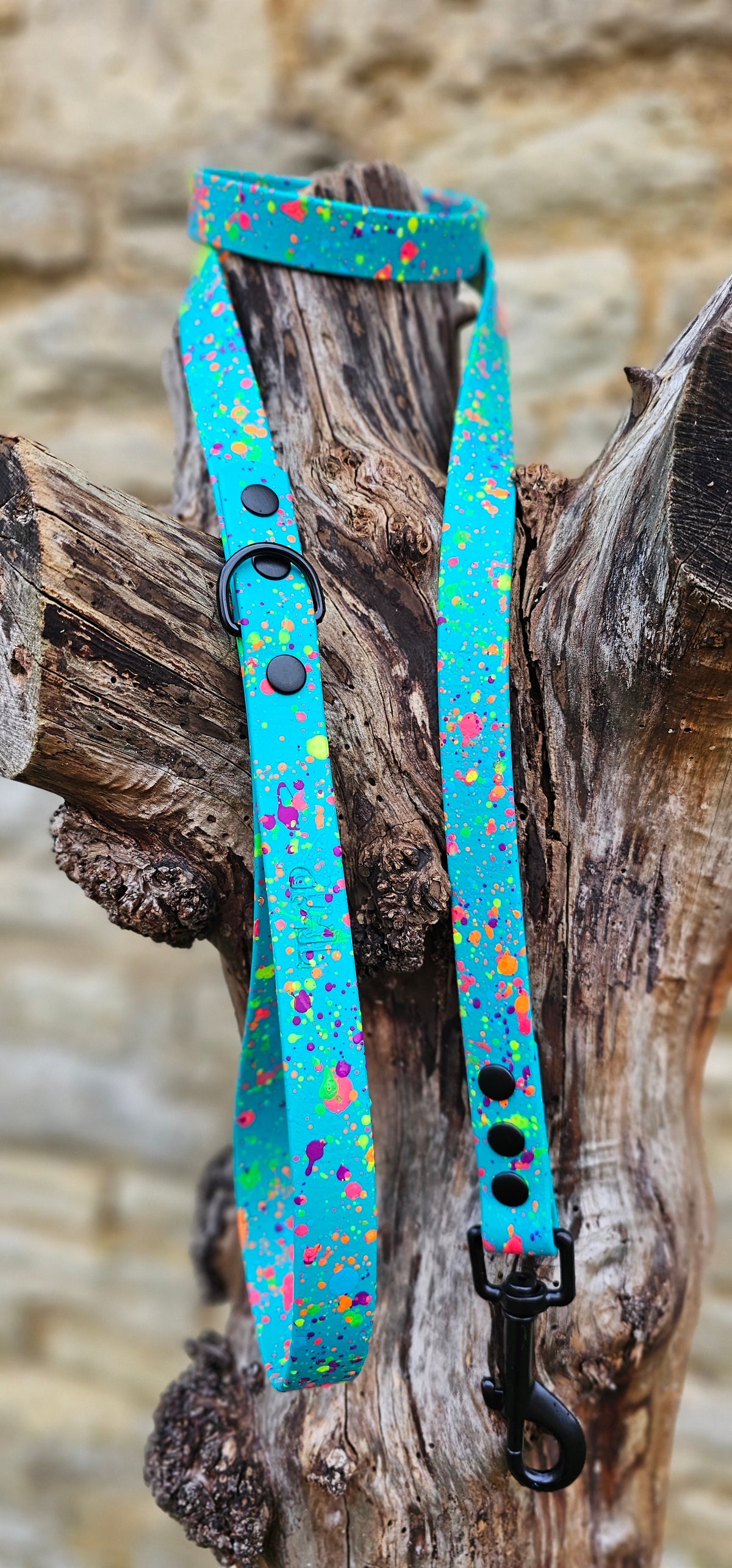Waterproof BioThane© Neon Splatter Dog Lead - Teal