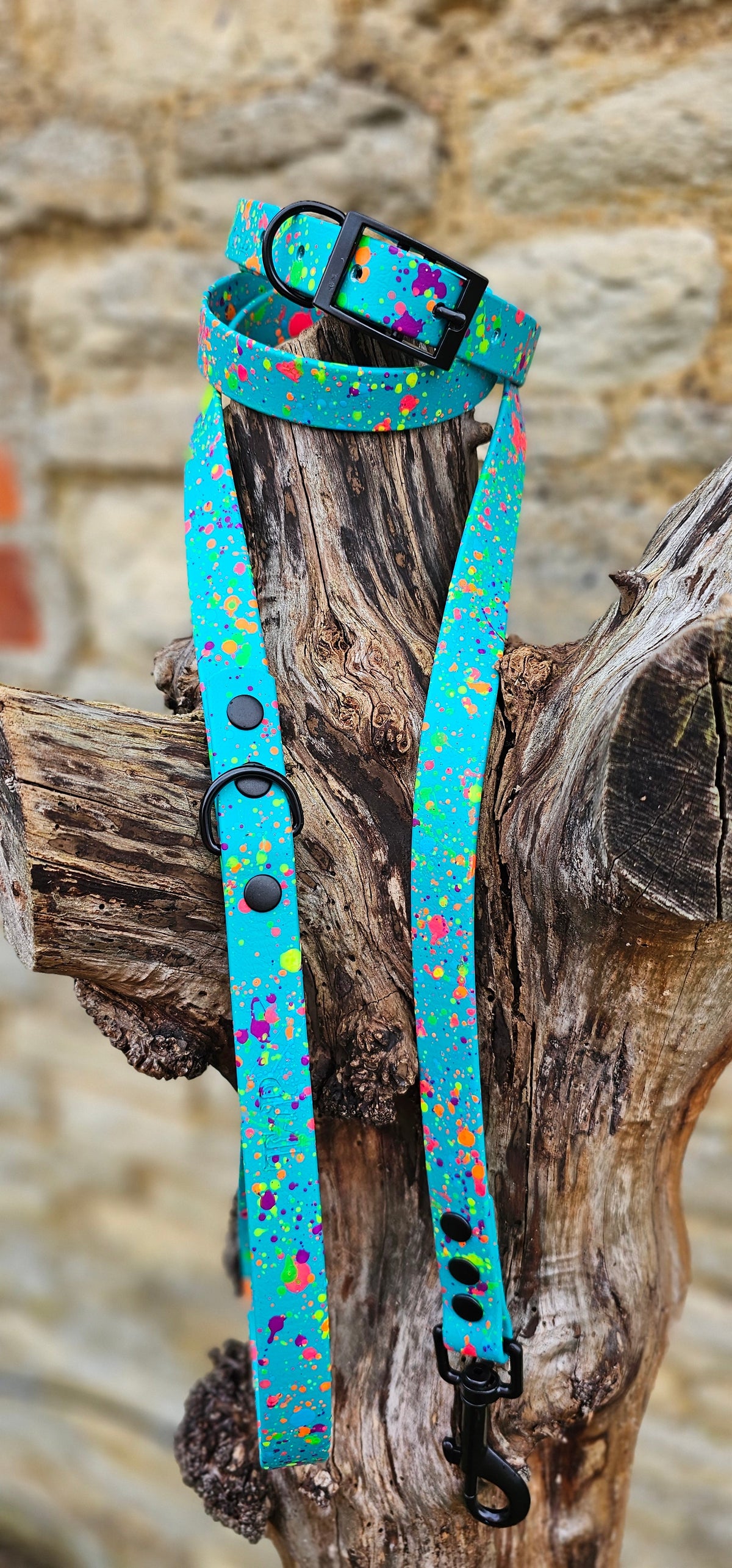 Waterproof BioThane© Neon Splatter Dog Collar - Teal