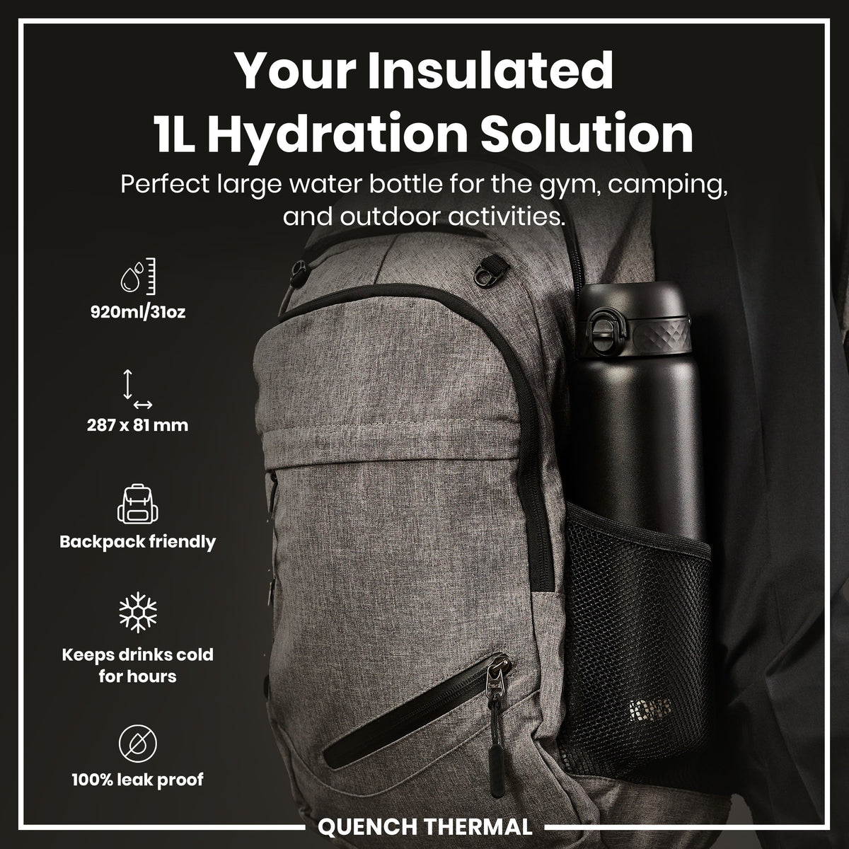 ION8 920ml Insulated Water Bottle – Black