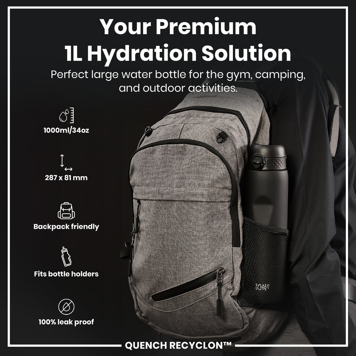 ION8 Recyclon 1L Water Bottle – Black