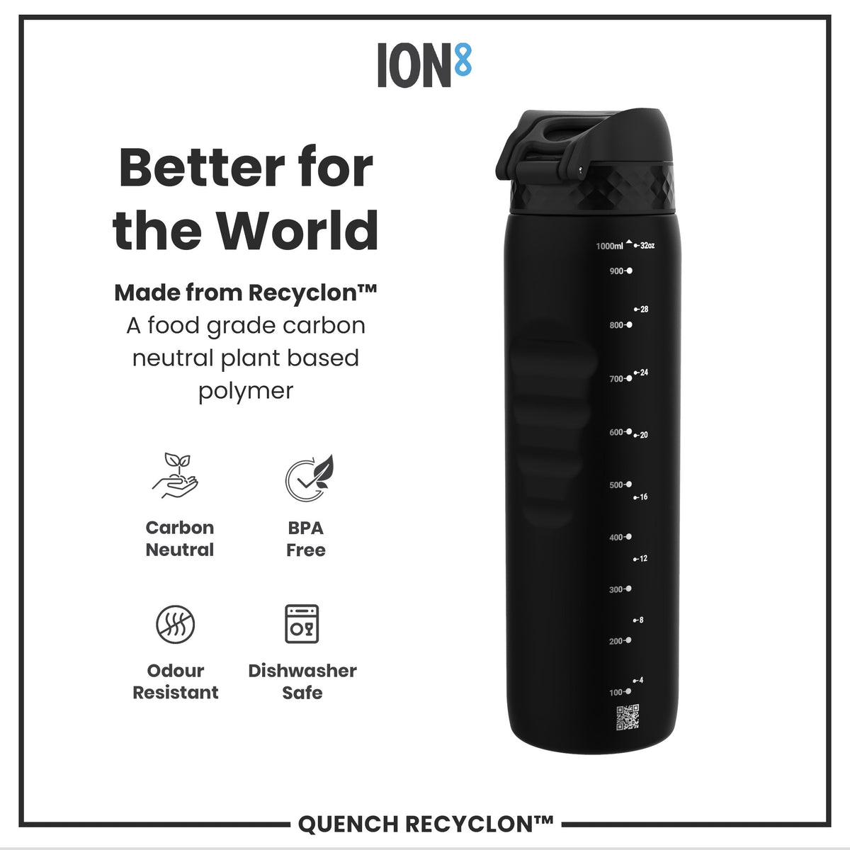 ION8 Recyclon 1L Water Bottle – Black