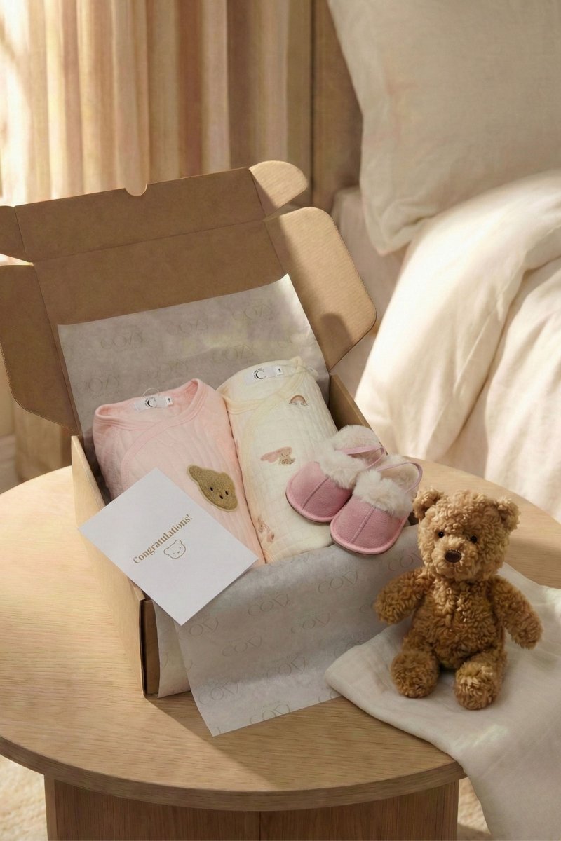 Personalised Pink Bouclé Baby Bear & Rainbow Gift Box