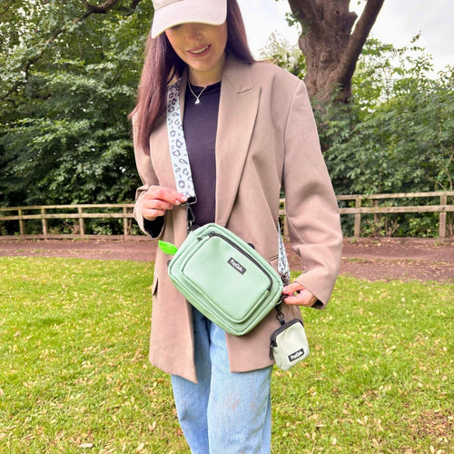 Crossbody Dog Walking Bag – Vegan Leather Sage Green